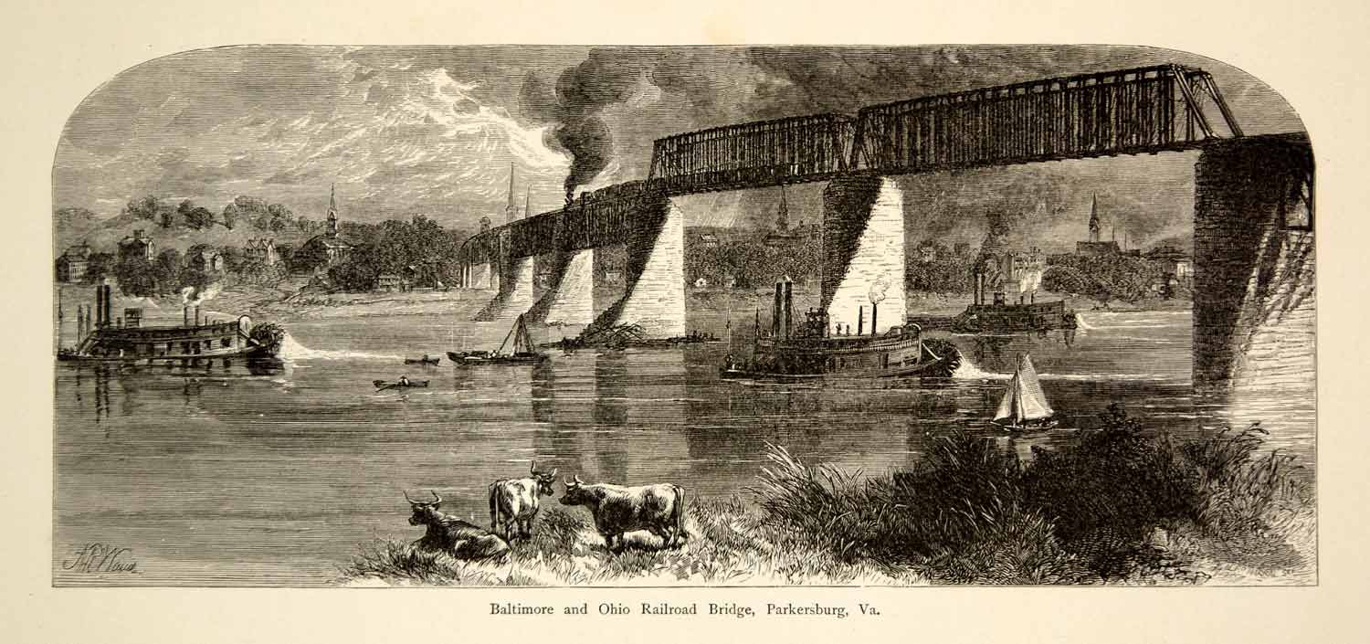 1894 Wood Engraving Parkersburg Virginia B&O Railroad Bridge Ohio River Art YPA4