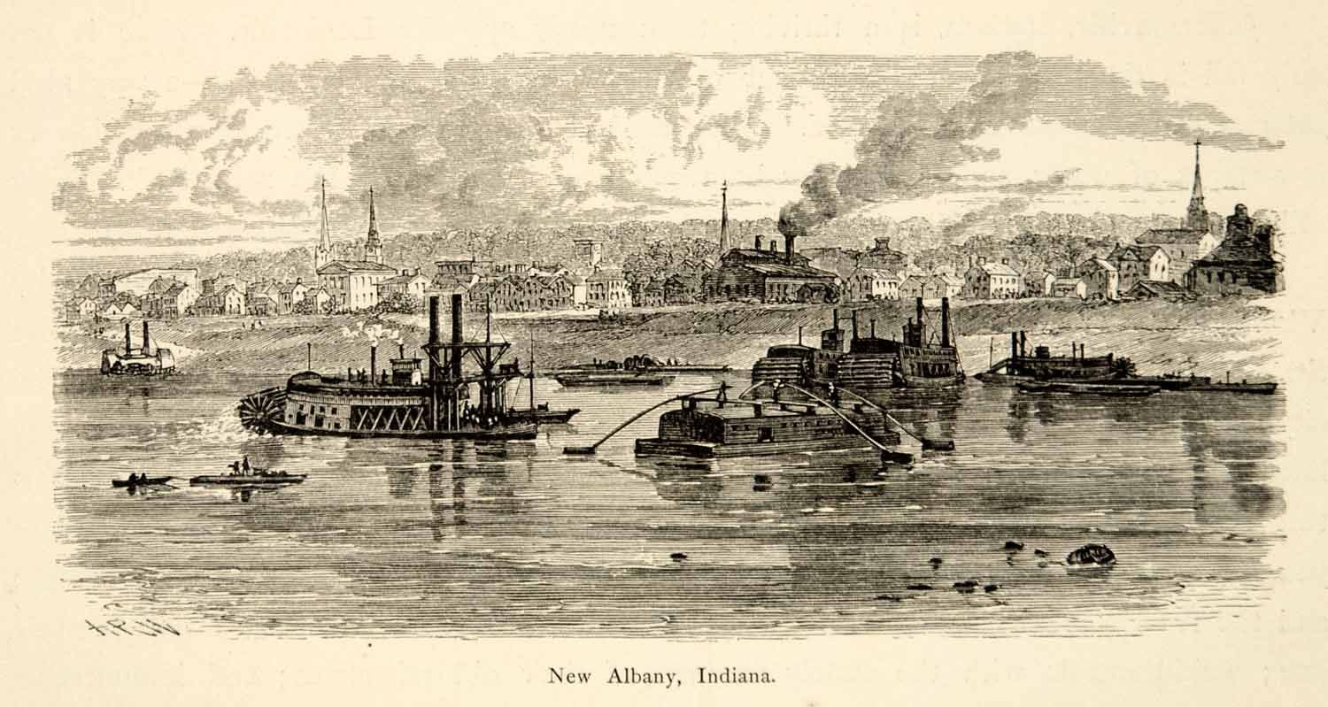 1894 Wood Engraving New Albany Indiana Cityscape Ohio River Barge Antique YPA4