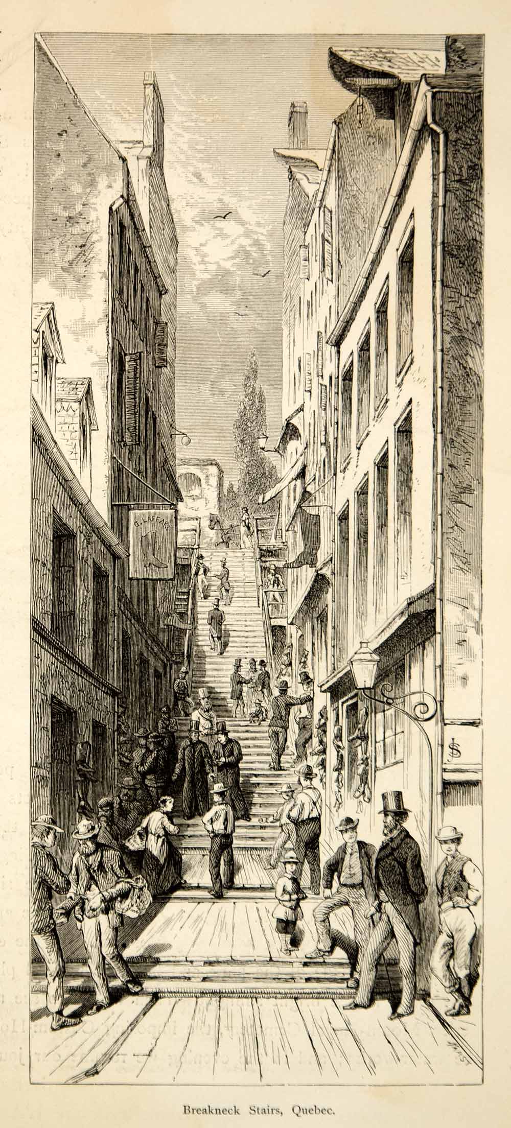 1894 Wood Engraving Quebec City Breakneck Stairs Steps Escalier Casse-Cou YPA4