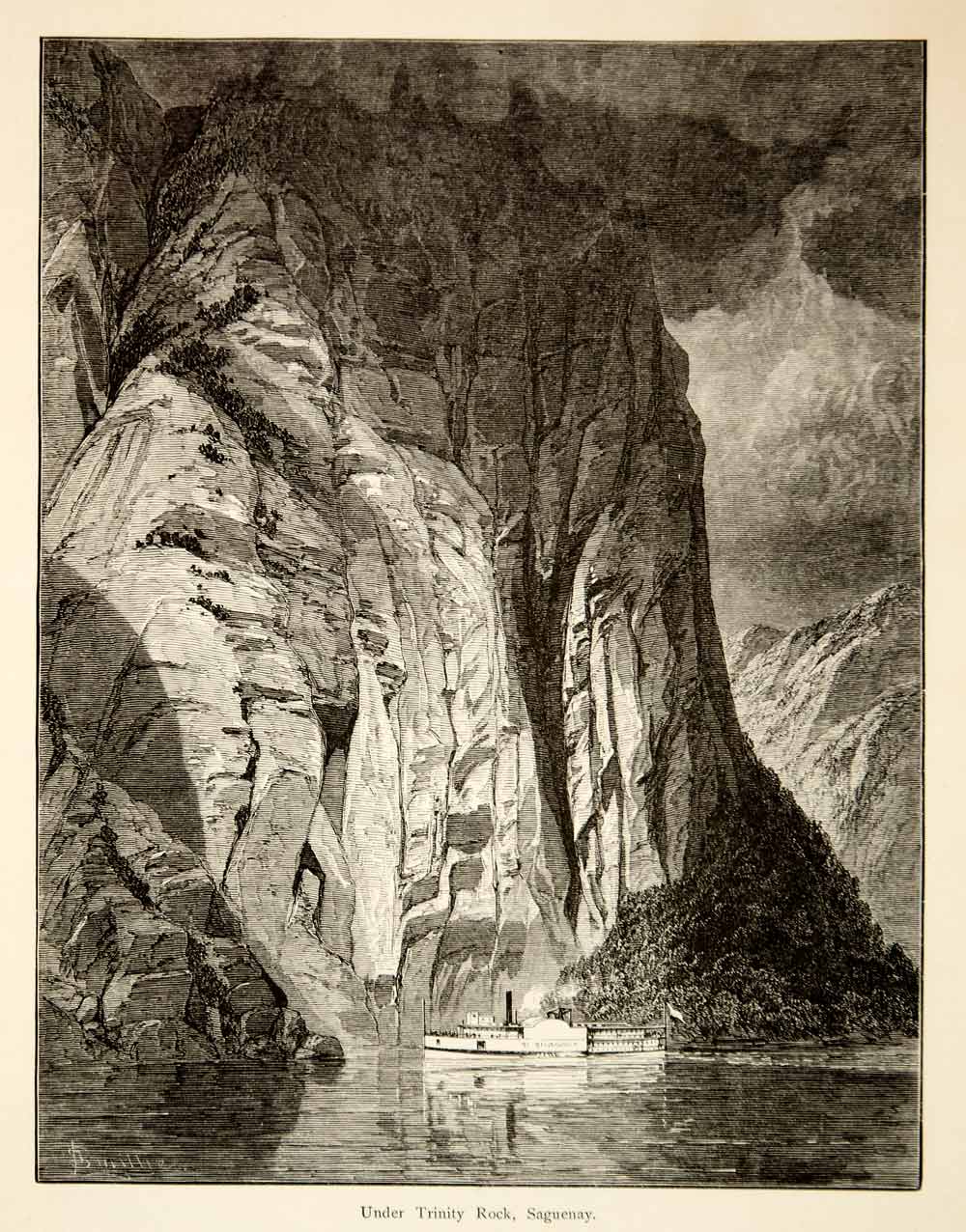 1894 Wood Engraving Trinity Rock Cliff Saguenay River Steamer Boat Canada YPA4