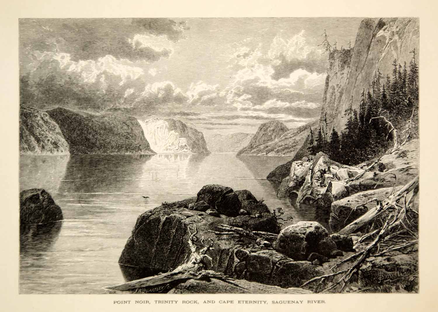 1894 Wood Engraving Saguenay River Cape Eternity Trinity Rock Quebec Canada YPA4