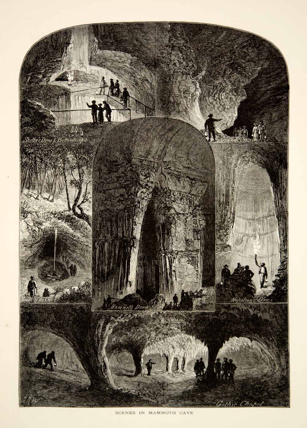 1894 Wood Engraving Mammoth Cave Interior Giants Coffin Lake Dome Antique YPA4