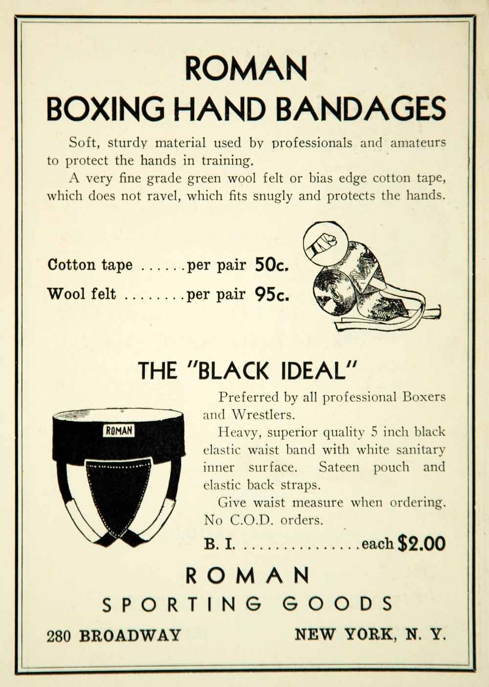 1936 Ad Roman Sporting Goods 280 Broadway NY Boxing Hand Bandages Black YPBR1