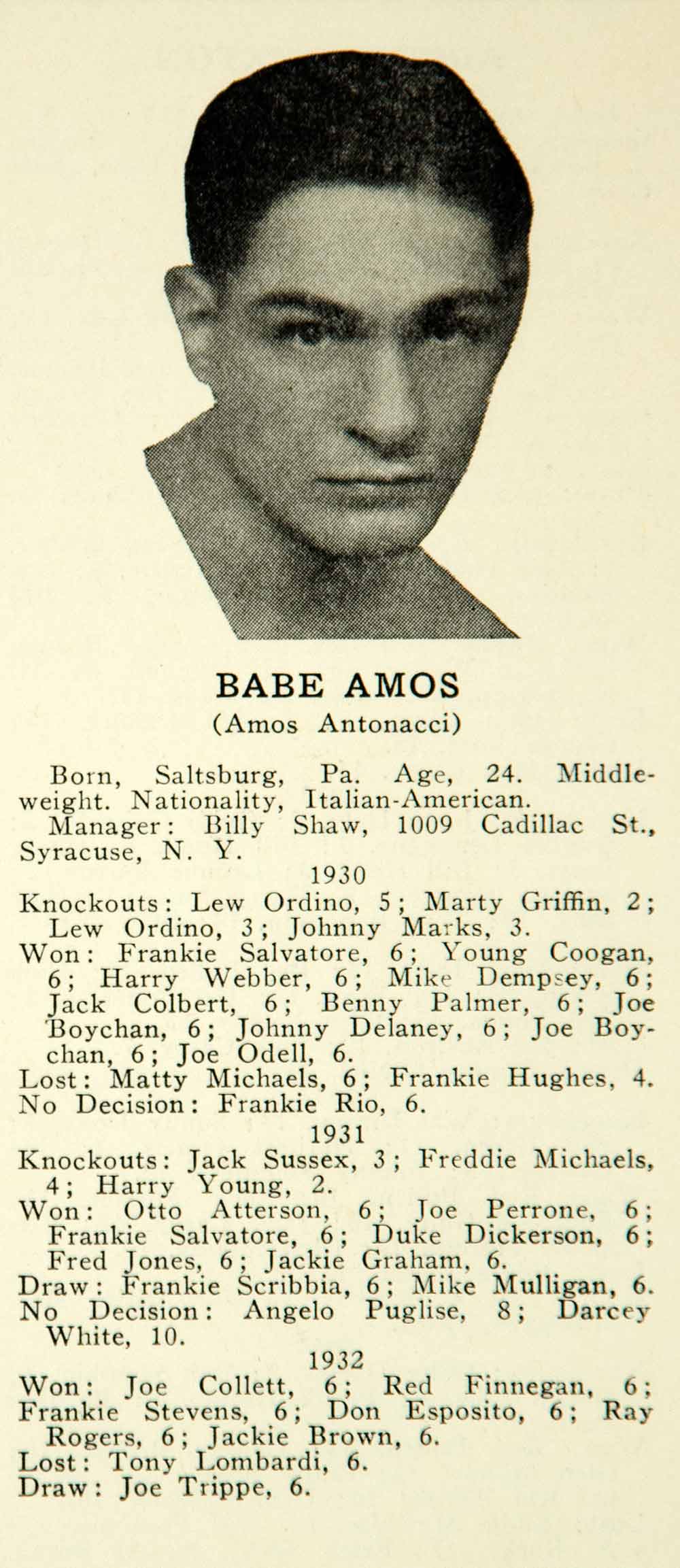 1936 Print Portrait Babe Amos Emil Antonacci Welterweight Boxer Athlete YPBR1
