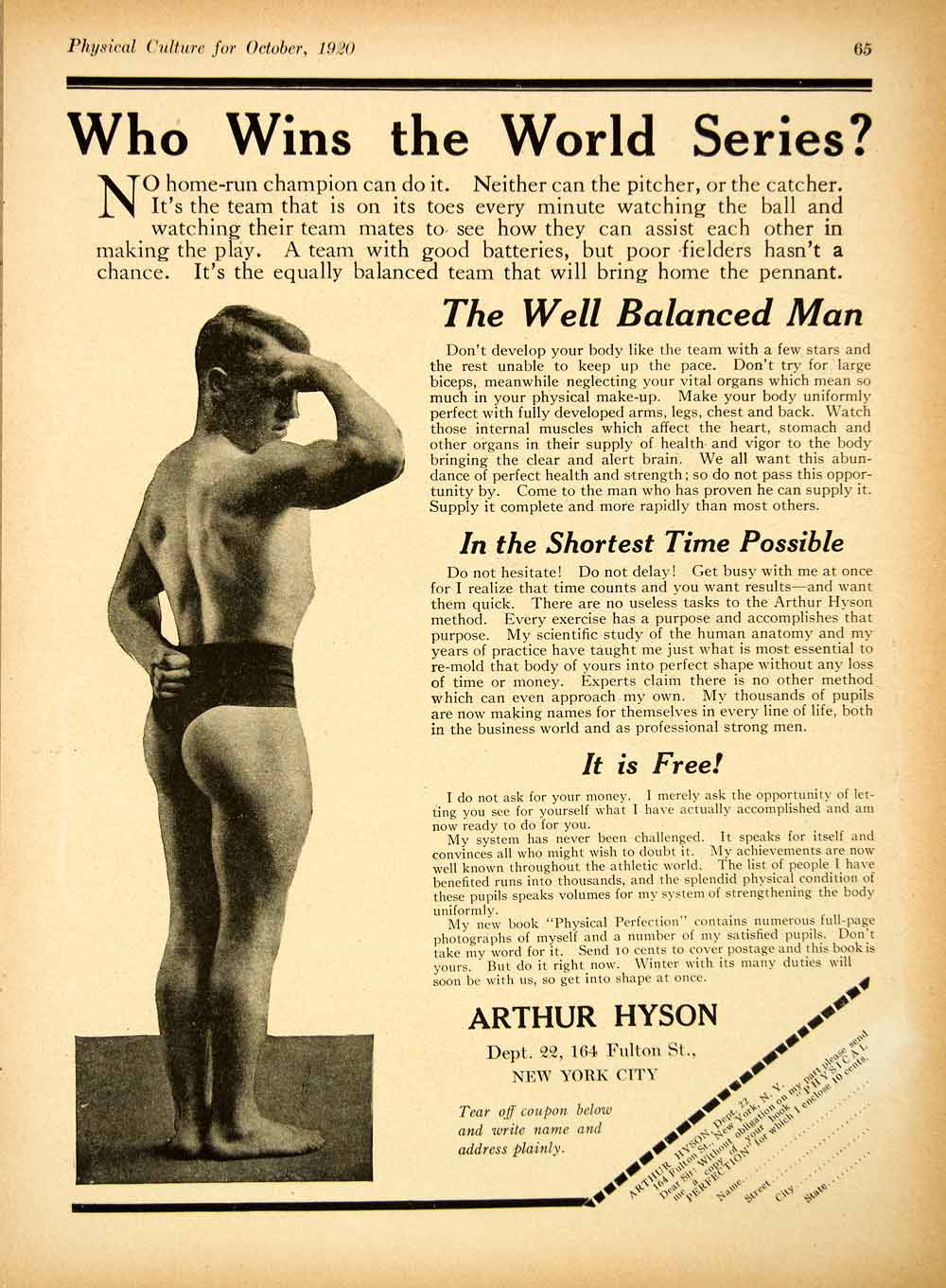 1920 Ad Arthur Hyson Dept 22 164 Fulton St New York Athlete Physical YPC1