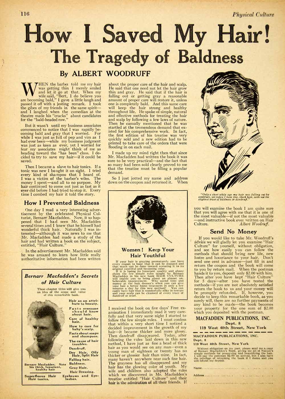 1922 Ad Baldness Bernarr Macfadden 119 West 40th St New York Hair Health YPC1