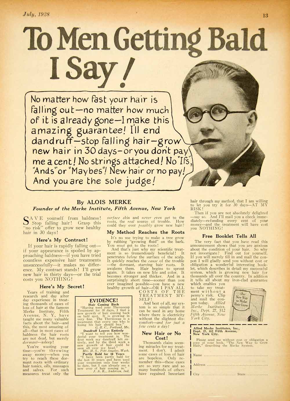 1928 Ad Alois Merke Bald Allied Merke Institute 512 Fifth Ave New York YPC1