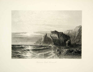 1876 Steel Engraving Kynance Cove Cornwall United Kingdom Landscape Ocean YPE1
