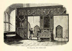 1876 Wood Engraving Banquet Room Haddon Hall Derbyshire England Dog YPE1