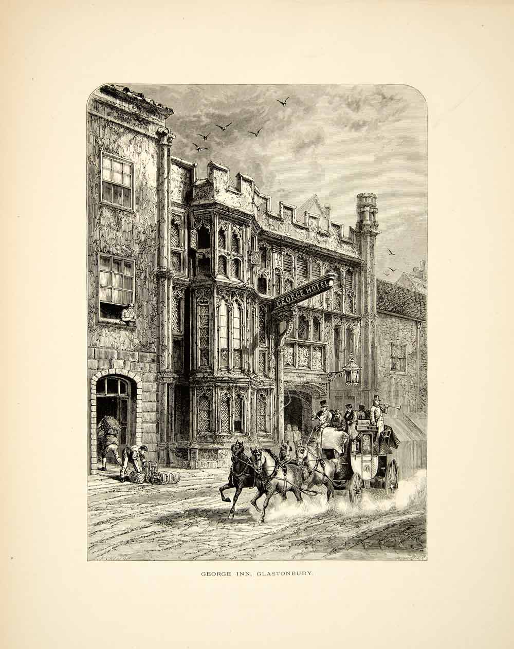 1876 Wood Engraving George Pilgrims Inn Glastonbury England Hotel Cityscape YPE1