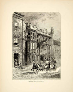 1876 Wood Engraving George Pilgrims Inn Glastonbury England Hotel Cityscape YPE1