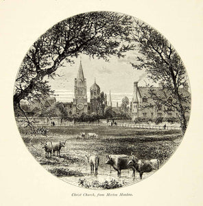 1876 Wood Engraving Christ Church Merton Meadow England Steeple Cattle YPE1