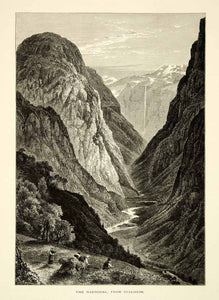 1876 Wood Engraving Naerodal Stalheim Norway Mountain Landscape River YPE1