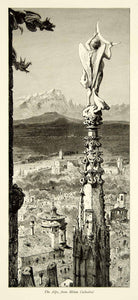 1876 Wood Engraving Alps Milan Cathedral Italy Statue Mountain Cityscape YPE1