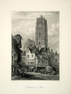 1877 Steel Engraving Rodez France Roman Catholic Cathedral Gothic YPE2