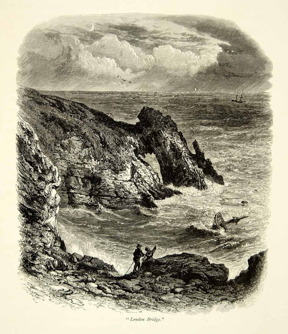 1877 Wood Engraving Devon Jurassic Coast English Channel England Limestone YPE2