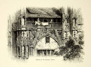 1877 Wood Engraving Church St Laurens Rouen France Europe Facade YPE2