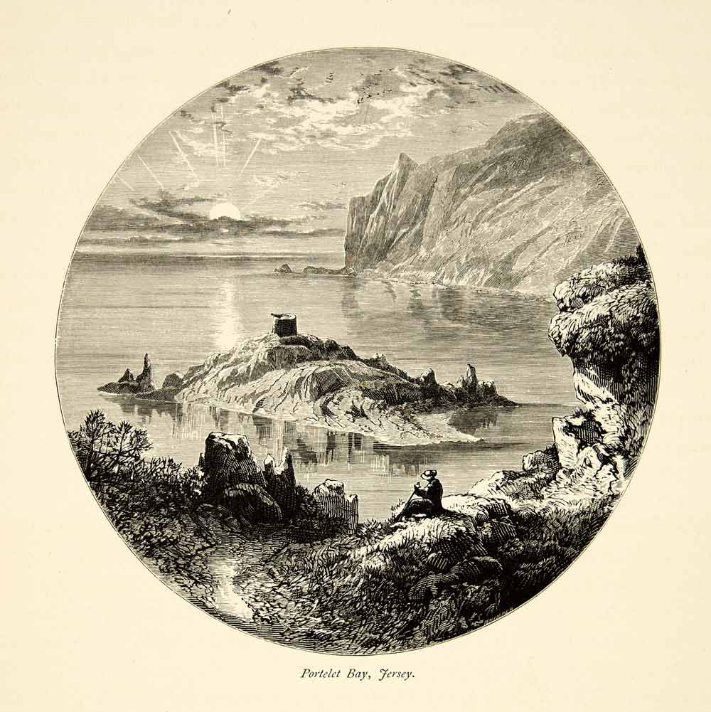 1877 Wood Engraving English Channel Islands Coast Portelet Bay Bailiwick YPE2