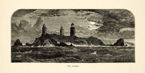 1877 Wood Engraving English Channel Islands Caskets Rocks Lighthouse Europe YPE2