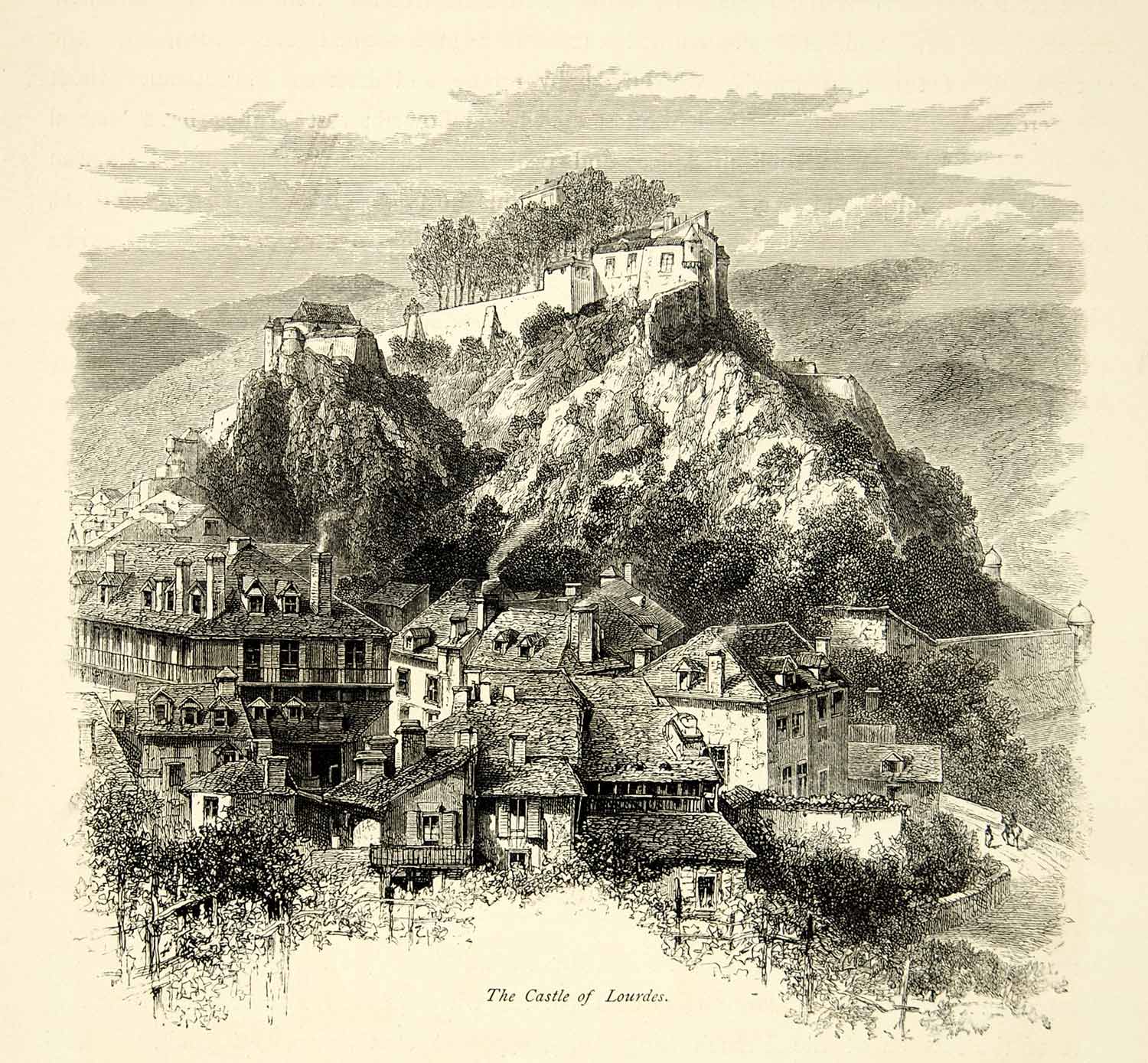 1877 Wood Engraving Chateau Fort De Lourdes France Hautes-Pyrenees Europe YPE2