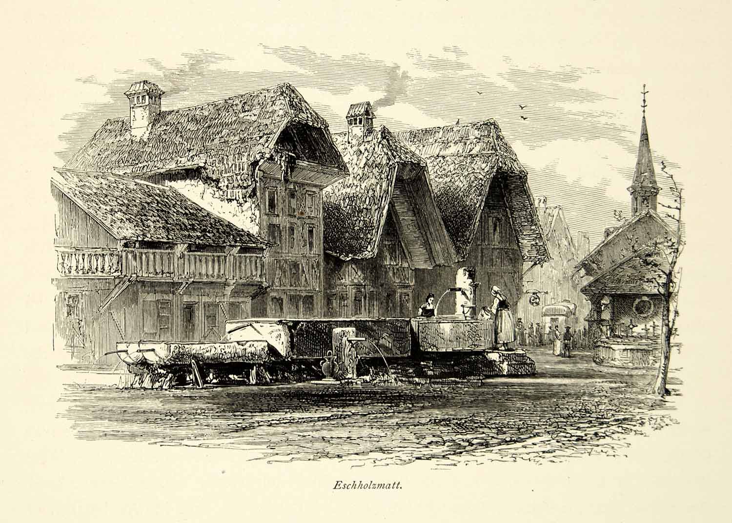 1877 Wood Engraving Escholzmatt Lucerne Switzerland Europe Cityscape YPE2