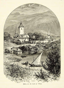 1877 Wood Engraving Spiez Lake Thun Bernese Oberland Switzerland Europe YPE2