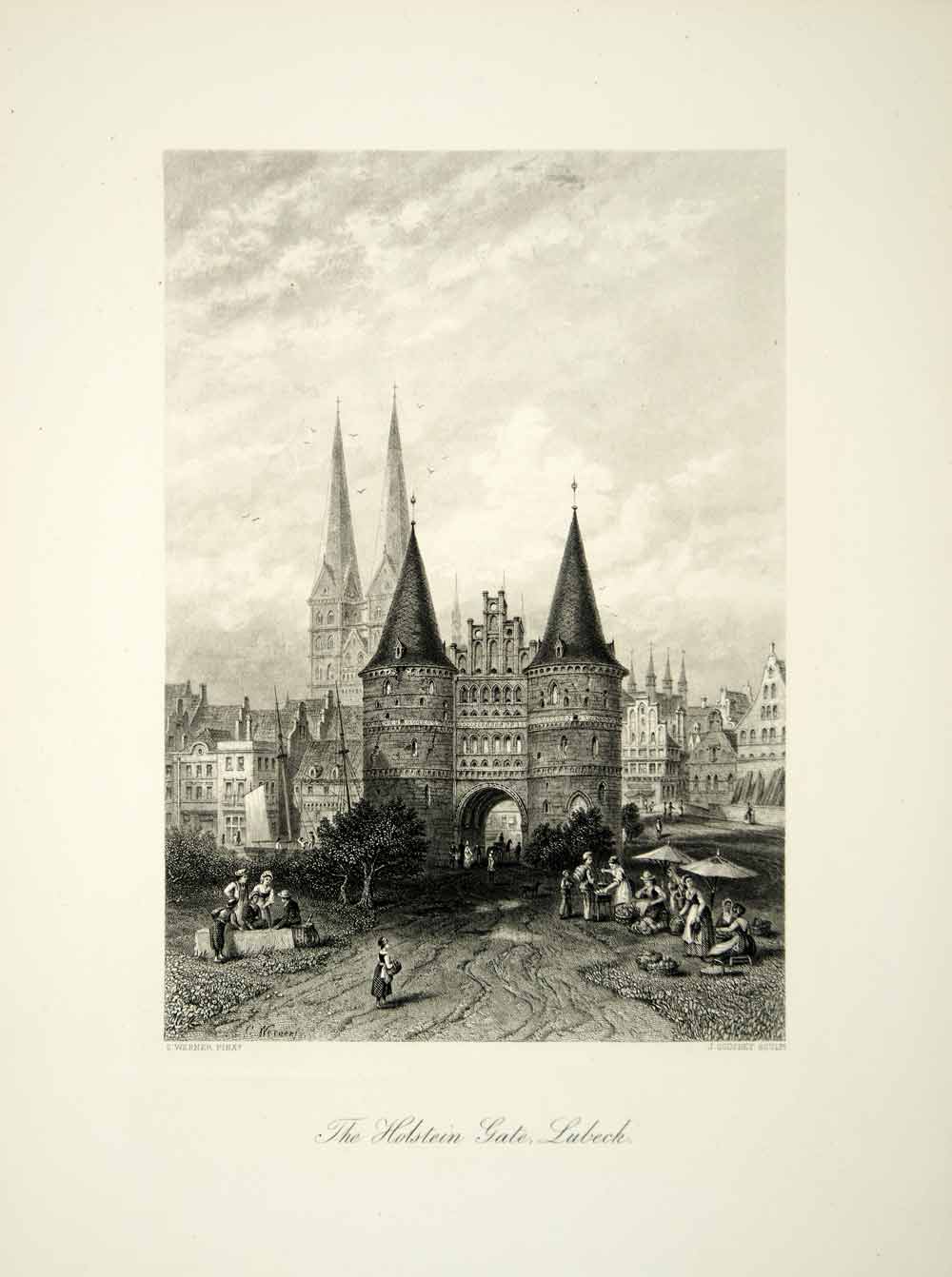 1878 Steel Engraving Carl Werner Art Holstein Gate Lubeck Germany YPE3