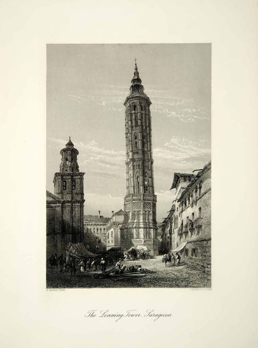 1878 Steel Engraving E George Art Leaning Tower Zaragoza Spain Architecture YPE3