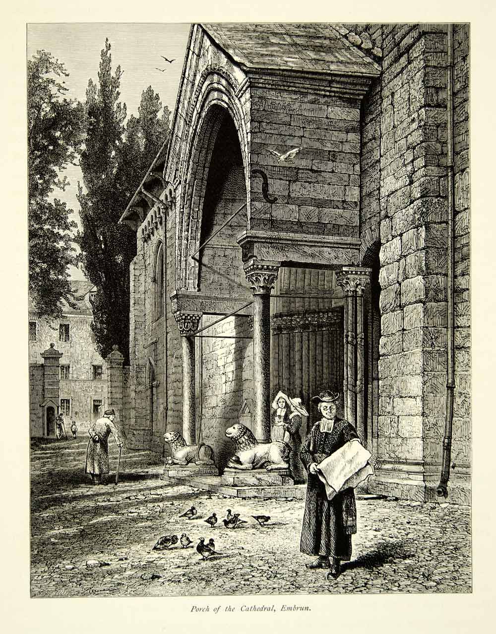 1878 Wood Engraving Art Porch Lions Embrun France Roman Catholic Cathedral YPE3