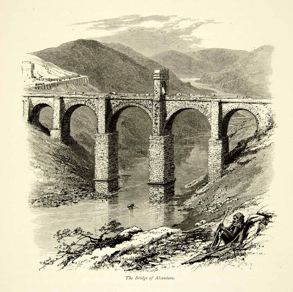 1878 Wood Engraving Art Bridge Alcantara Spain Roman Stone Arch Tagus River YPE3