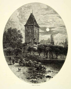 1878 Wood Engraving Art Tower Ouchy Lake Geneva Switzerland Leman Lausanne YPE3