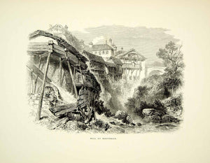 1878 Wood Engraving Art Waterwheel Mill Montreaux Switzerland River YPE3
