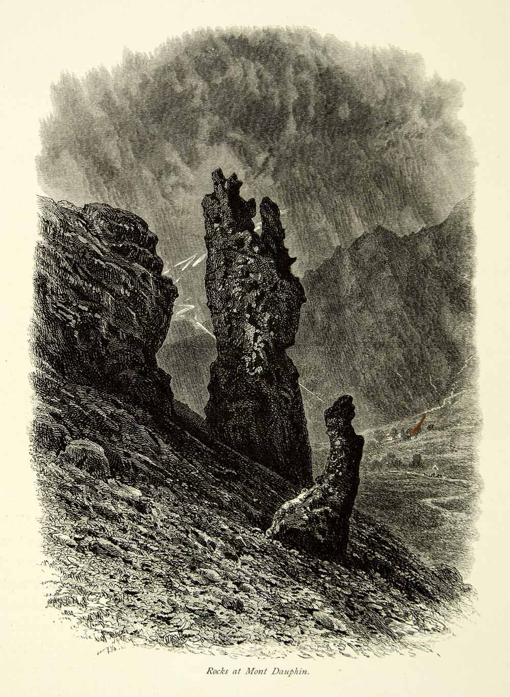 1878 Wood Engraving Art Rocks Mont Dauphin France Landscape Europe Guil YPE3