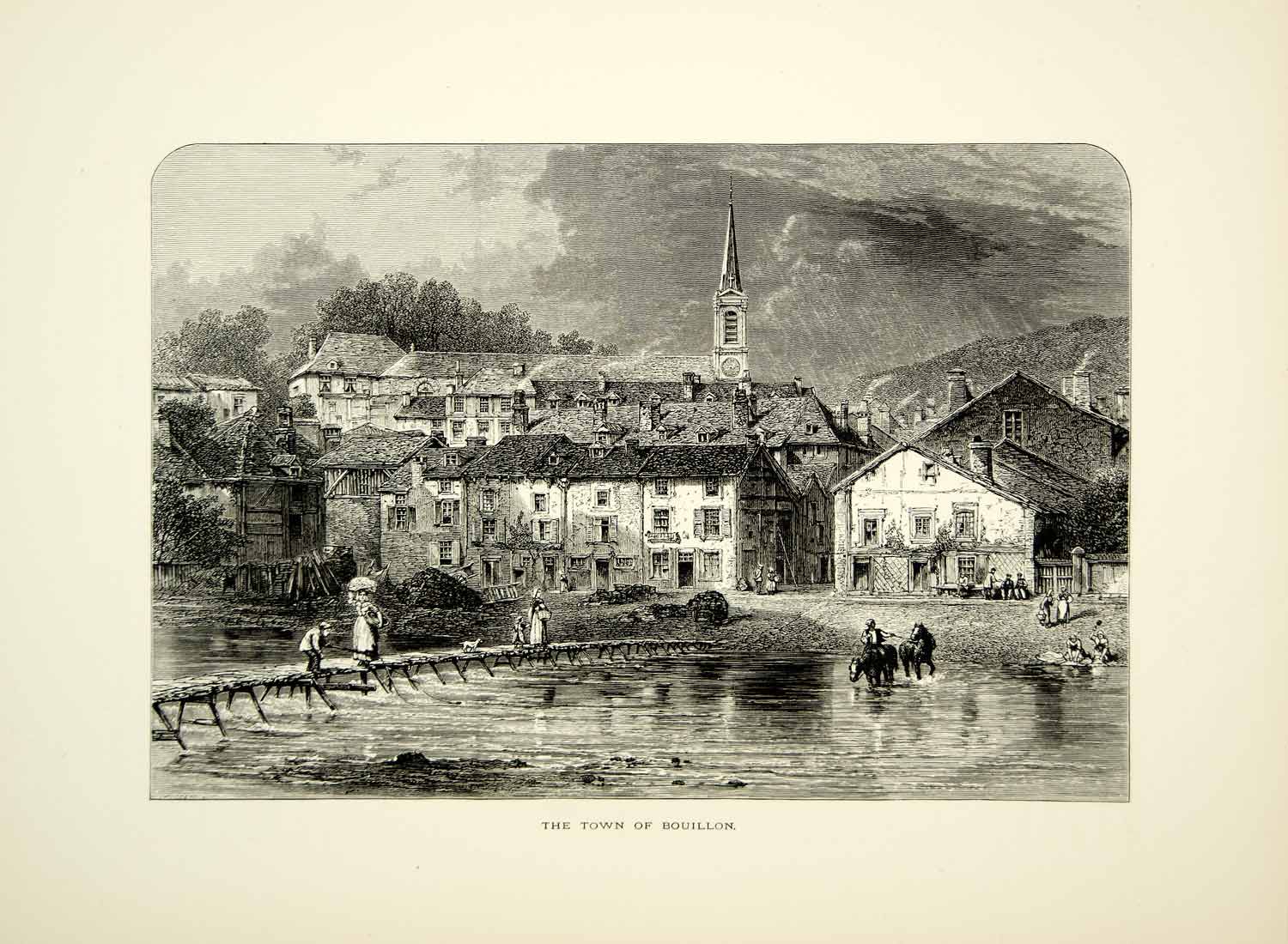 1878 Wood Engraving Art Town Bouillon Belgium Europe Wallonia River Semois YPE3