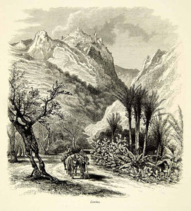 1878 Wood Engraving Art Limino Italy Mountain Pass Route Europe City Hill YPE3