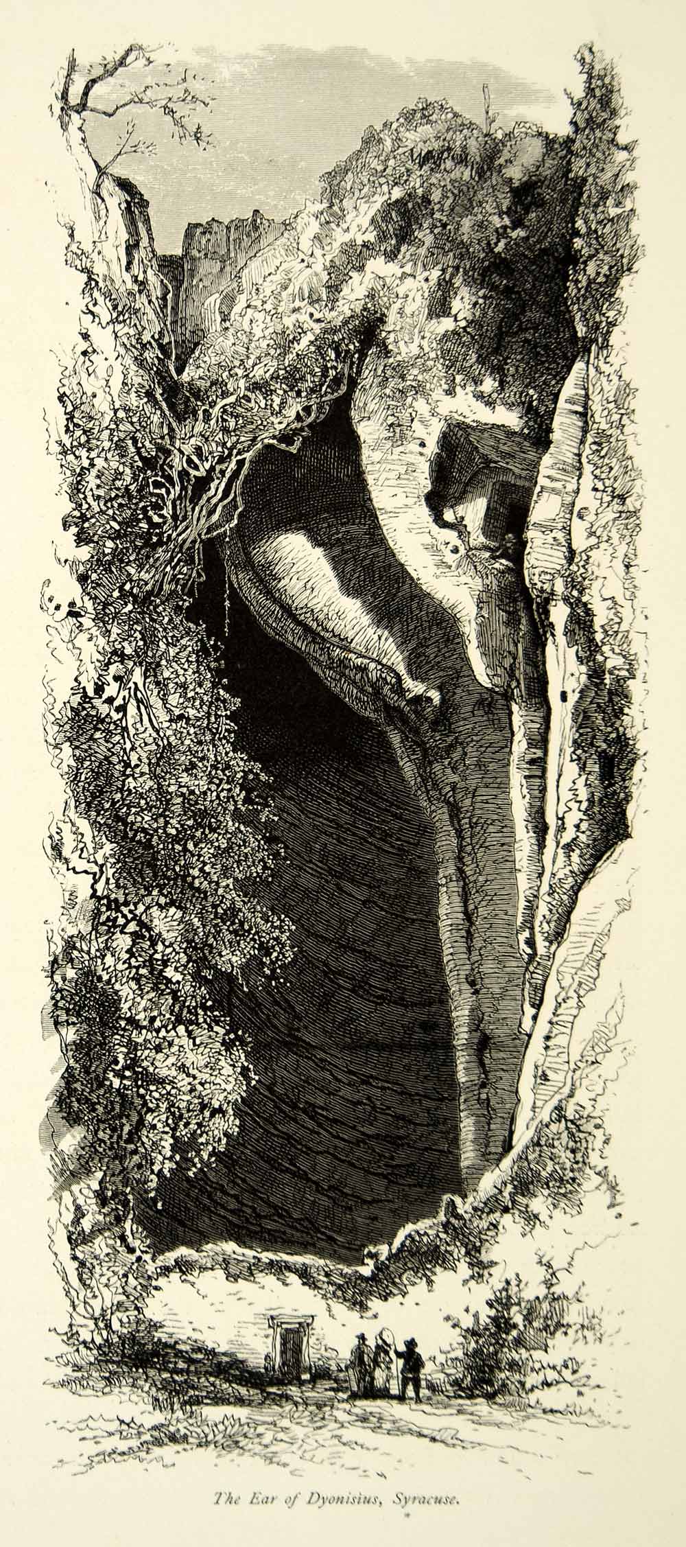 1878 Wood Engraving Art Ear Dionysius Limestone Cave Syracuse Sicily Italy YPE3