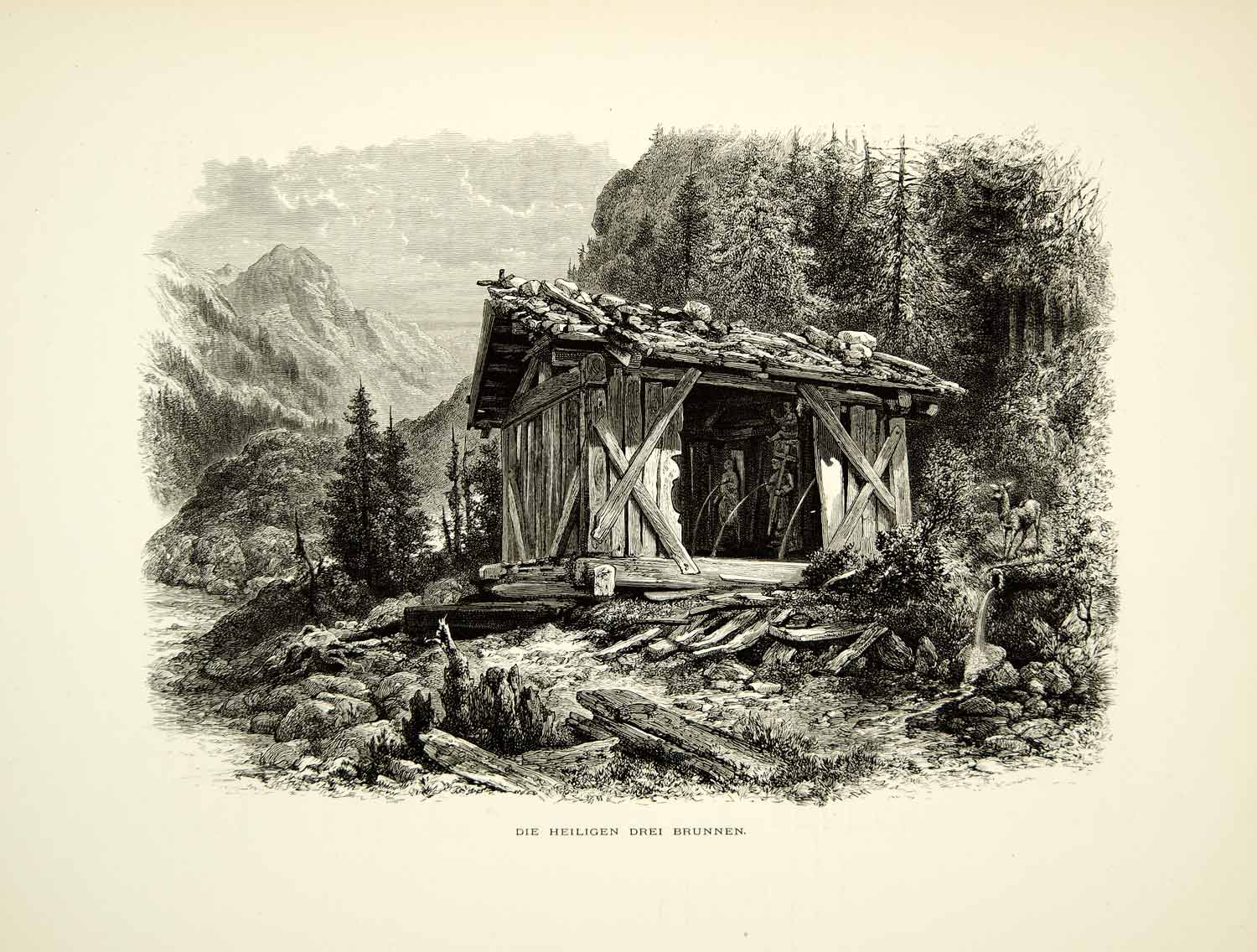 1878 Wood Engraving Art Tirol Austria Mineral Water Fountains Forest Cabin YPE3