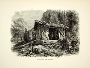 1878 Wood Engraving Art Tirol Austria Mineral Water Fountains Forest Cabin YPE3