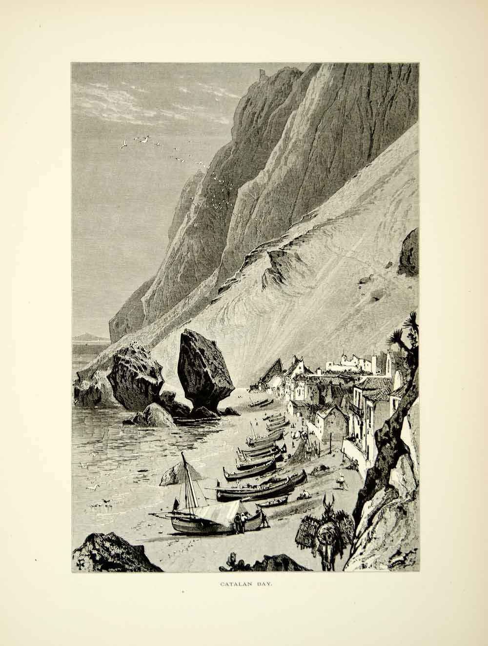 1878 Wood Engraving Art Harry Fenn Catalan Bay Beach Boat Rock Gibraltar YPE3
