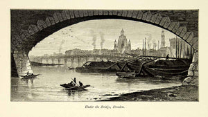1878 Wood Engraving John D Woodward Art Waldschlosschen Bridge Dresden YPE3