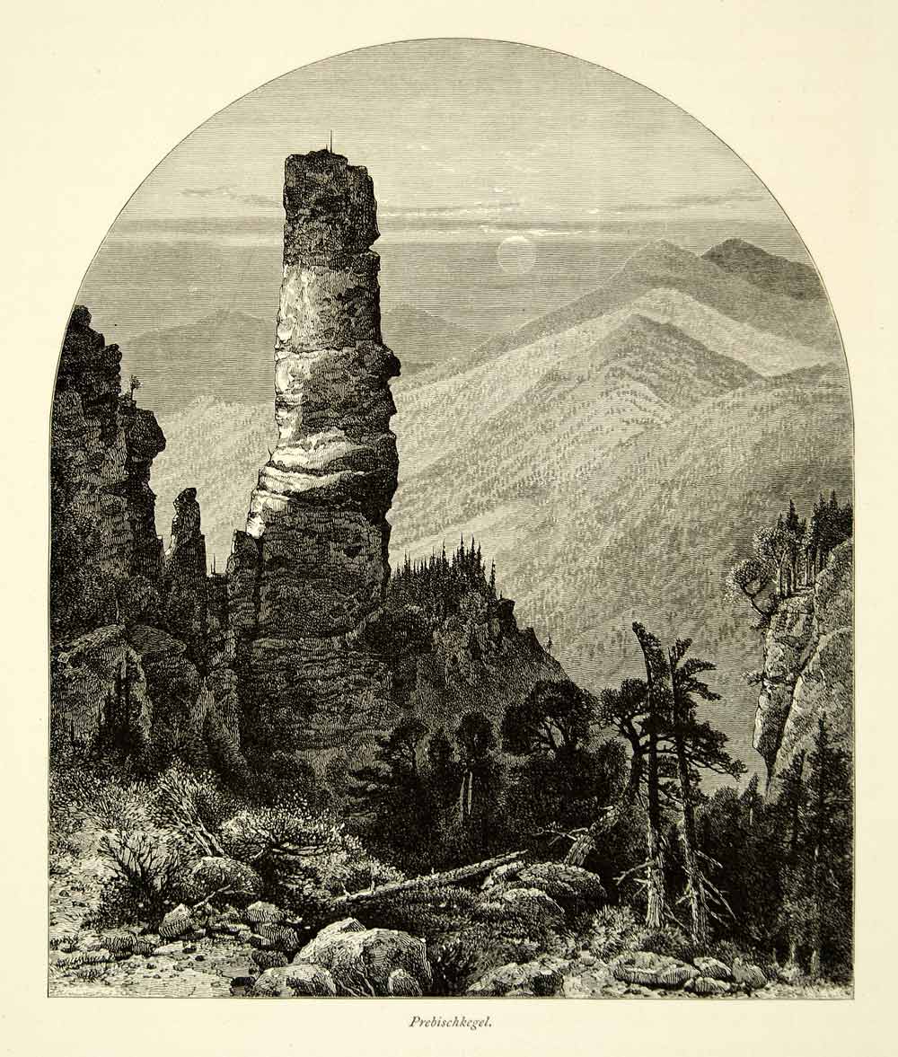 1878 Wood Engraving Art Germany Prebischkegel Sandstone Rock Elbe Mountains YPE3