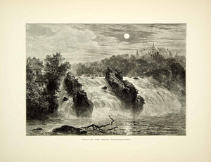 1878 Wood Engraving Art Rhine River Waterfall Cascade Schaffhausen YPE3