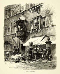 1878 Wood Engraving Art City Street Schaffhausen Switzerland Europe Goats YPE3
