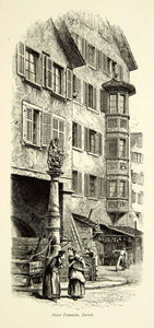 1878 Wood Engraving Art Street Water Fountain Sculpture Zurich Switzerland YPE3