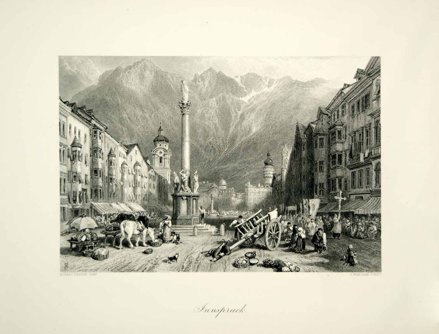 1879 Steel Engraving Birket Foster Art Innsbruck Tyrol Austria Capital City YPE4