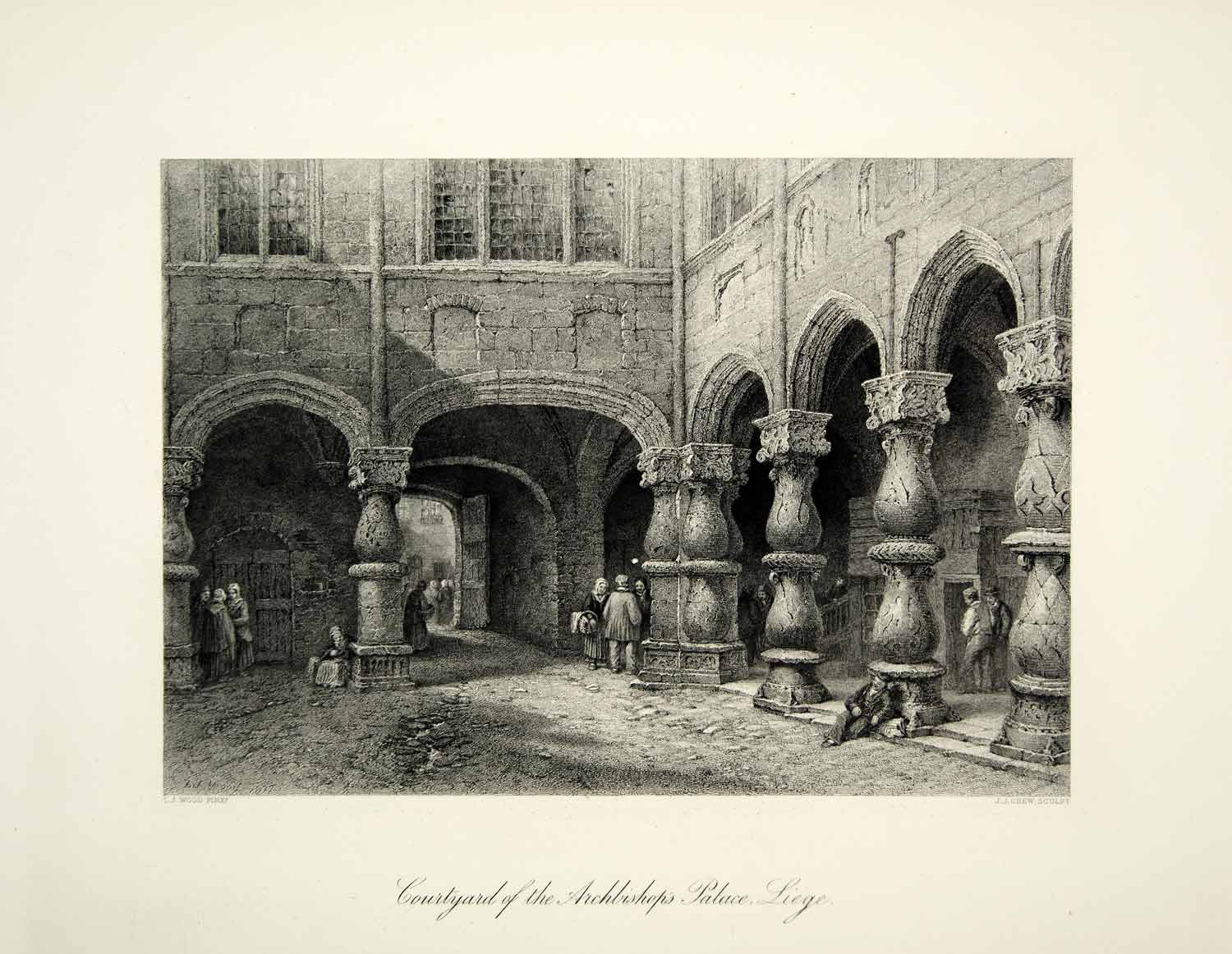 1879 Steel Engraving LJ Wood Art Courtyard Prince Bishops Palace Liege YPE4