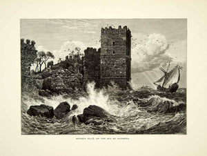 1879 Wood Engraving J Douglas Woodward Art Ruins Mermer Kale Castle Sea YPE4