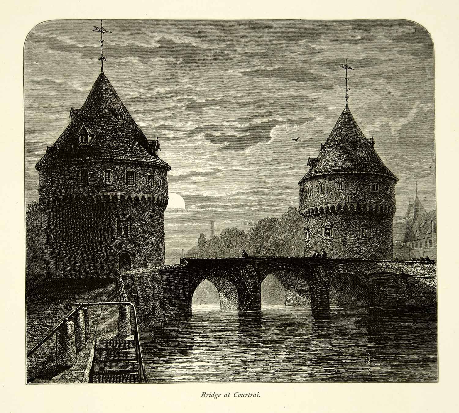 1879 Wood Engraving Art Kortrijk Bridge Broel Towers Belgium River Lys YPE4