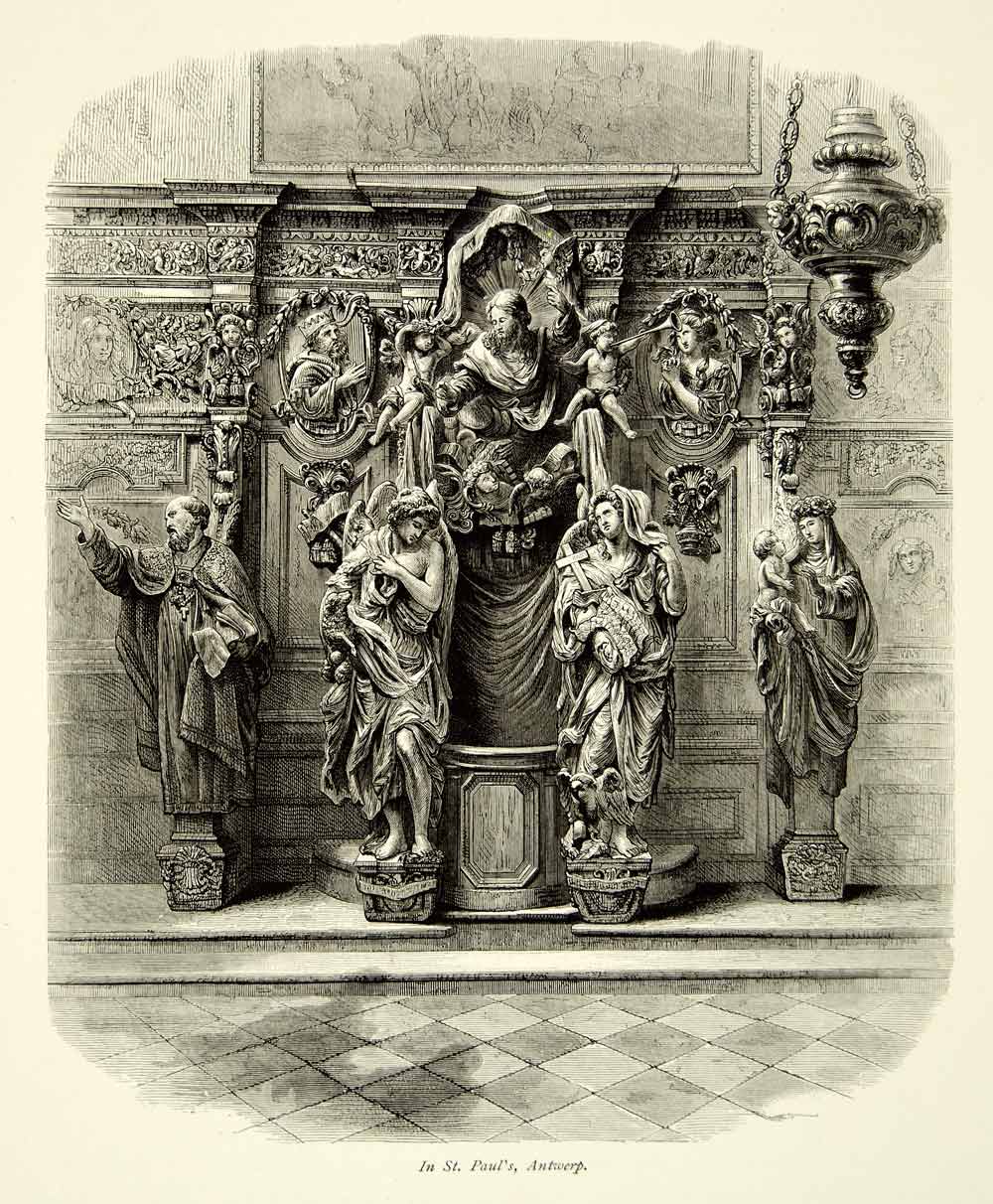 1879 Wood Engraving Art St Paul Church Antwerp Belgium Europe Sculpture YPE4