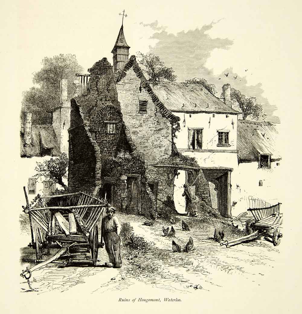 1879 Wood Engraving Art Ruins Chateau D'Hougomont Waterloo Belgium YPE4